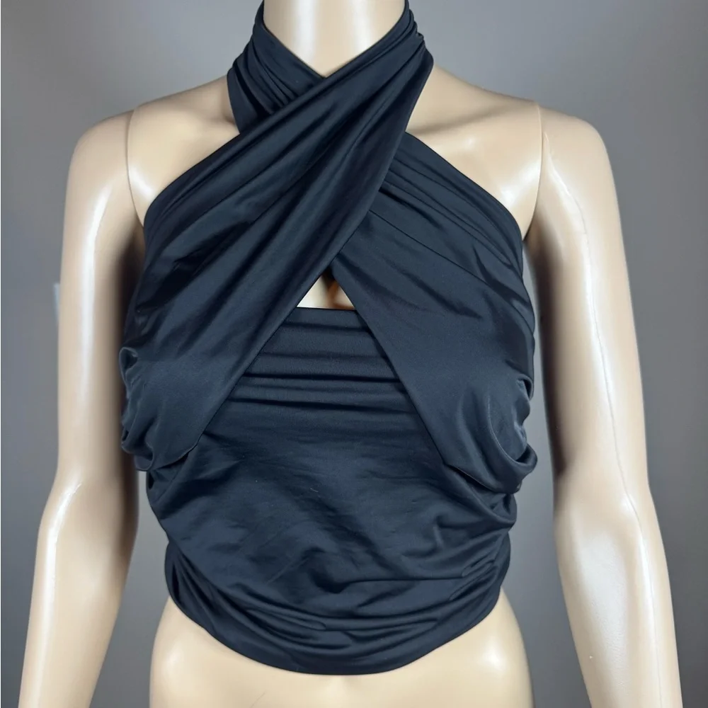 AKIRA Black Cross Halter Crop Top Ruched Clubwear Festival XL NWT - Picture 1 of 3